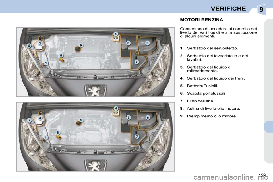 Peugeot 308 CC 2010.5  Manuale del proprietario (in Italian) 9
129
VERIFICHE
MOTORI BENZINA 
� �C�o�n�s�e�n�t�o�n�o� �d�i� �a�c�c�e�d�e�r�e� �a�l� �c�o�n�t�r�o�l�l�o� �d�e�l�  
�l�i�v�e�l�l�o�  �d�e�i�  �v�a�r�i�  �l�i�q�u�i�d�i�  �e�  �a�l�l�a�  �s�o�s�t�i�t�u