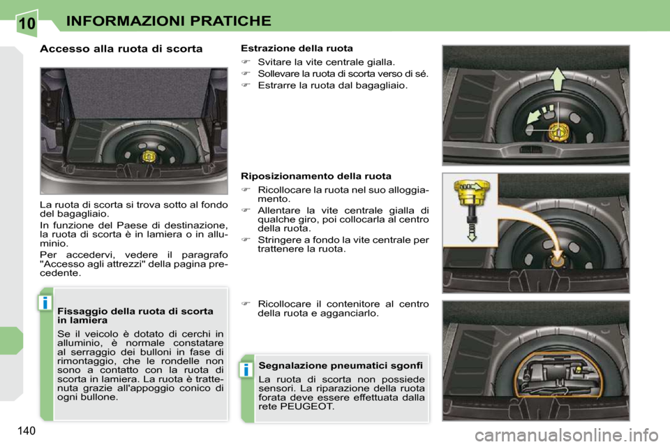 Peugeot 308 CC 2010.5  Manuale del proprietario (in Italian) 10
i
i
140
INFORMAZIONI PRATICHE
  Fissaggio della ruota di scorta  
in lamiera  
 Se  il  veicolo  è  dotato  di  cerchi  in  
alluminio,  è  normale  constatare 
al  serraggio  dei  bulloni  in  f