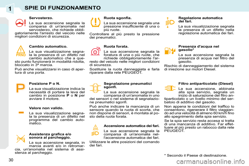 Peugeot 308 CC 2010.5  Manuale del proprietario (in Italian) 1
AUTO
PRND
30
SPIE DI FUNZIONAMENTO
   Presenza dacqua nel  
gasolio *   
 La  sua  accensione  segnala  la  
�p�r�e�s�e�n�z�a�  �d�i�  �a�c�q�u�a�  �n�e�l�  �ﬁ� �l�t�r�o�  �d�e�l� 
gasolio. 
 Ris