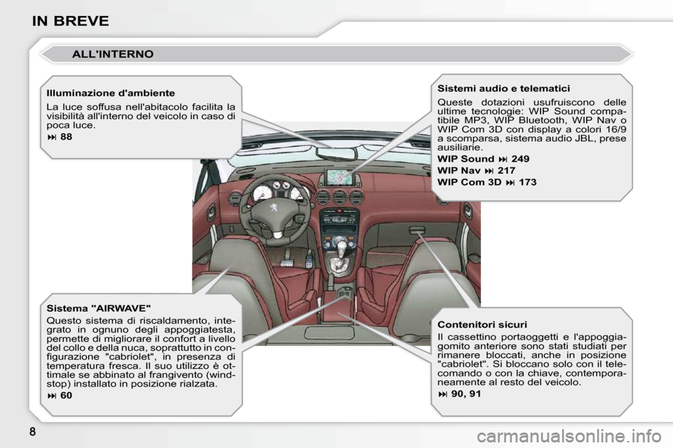 Peugeot 308 CC 2010.5  Manuale del proprietario (in Italian) IN BREVE  Illuminazione dambiente  
 La  luce  soffusa  nellabitacolo  facilita  la  
visibilità allinterno del veicolo in caso di 
poca luce.  
  
 
�   88    
� � �S�i�s�t�e�m�a� �"�A�I�R�W�A