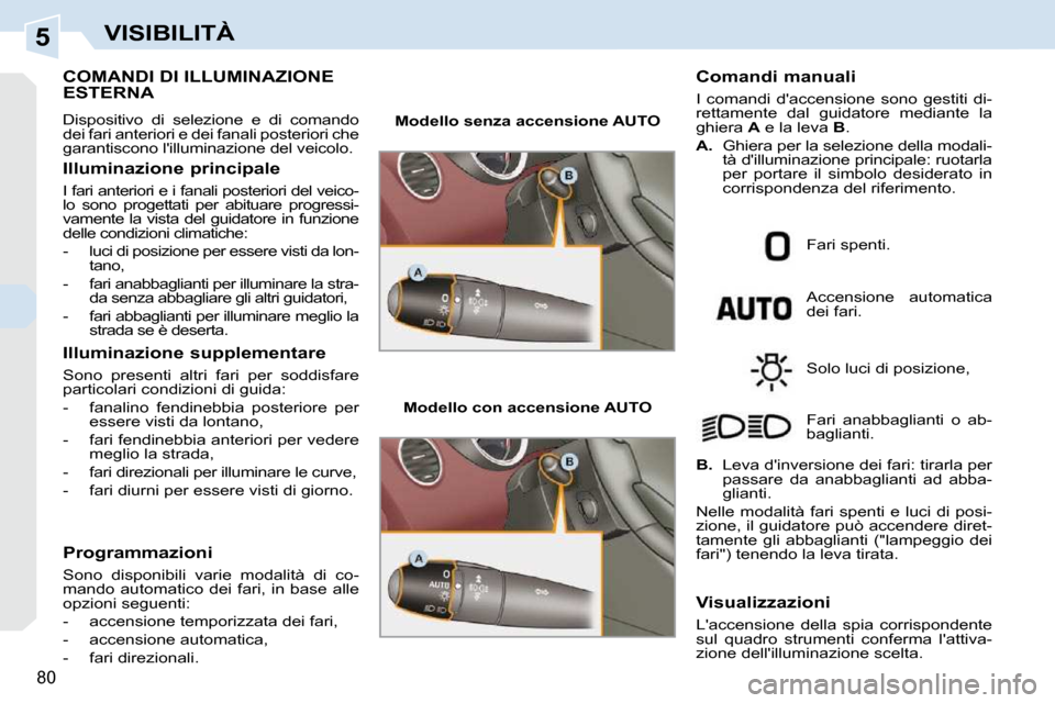 Peugeot 308 CC 2010.5  Manuale del proprietario (in Italian) 5
80
VISIBILITÀ
COMANDI DI ILLUMINAZIONE ESTERNA 
 Dispositivo  di  selezione  e  di  comando  
dei fari anteriori e dei fanali posteriori che 
garantiscono lilluminazione del veicolo.  
  Illuminaz