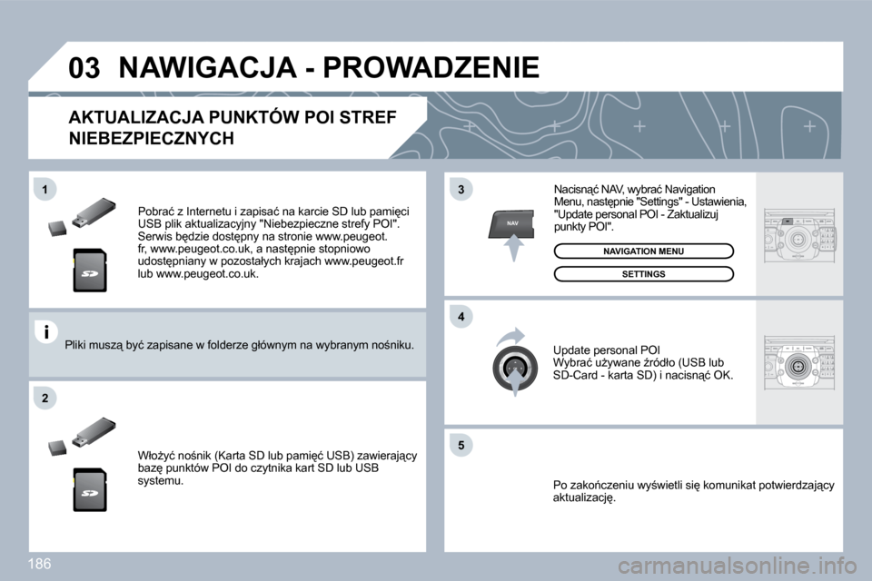 Peugeot 308 CC 2009.5  Instrukcja Obsługi (in Polish) 186
�0�3
�5
�3
�4
�2
NAV
�1
� �P�o�b�r�a�ć� �z� �I�n�t�e�r�n�e�t�u� �i� �z�a�p�i�s�a�ć� �n�a� �k�a�r�c�i�e� �S�D� �l�u�b� �p�a�m�i
�c�i� �U�S�B� �p�l�i�k� �a�k�t�u�a�l�i�z�a�c�y�j�n�y� �"�N�i�e�b�e