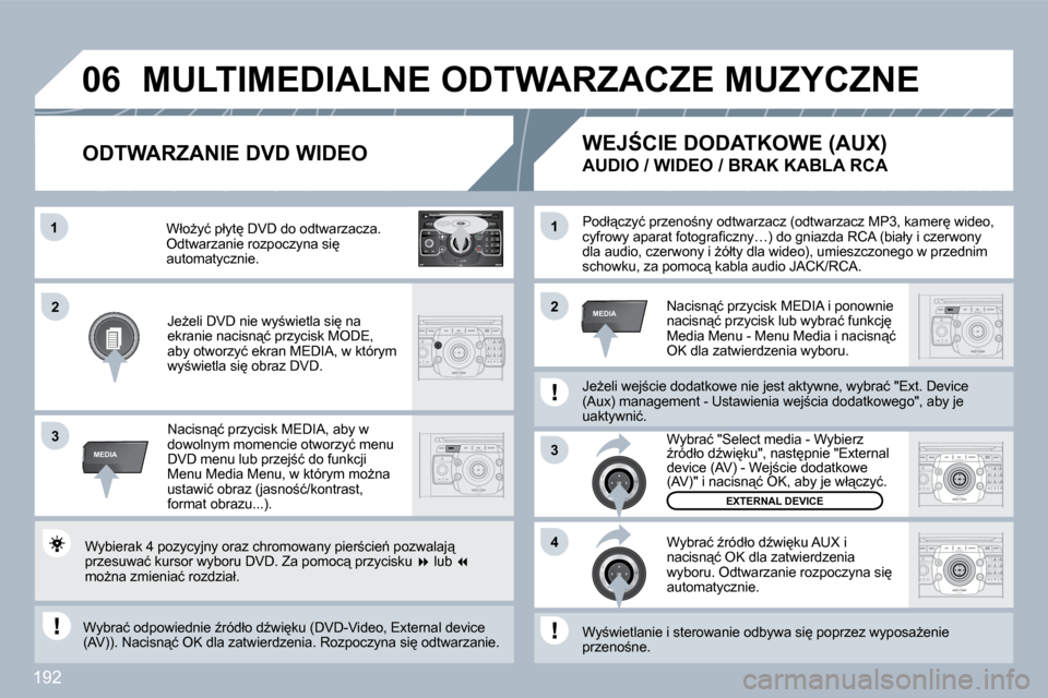 Peugeot 308 CC 2009.5  Instrukcja Obsługi (in Polish) �1�9�2
2
ABC 3
DEF
5
JKL
4
GHI 6
MNO
8
TUV
7
PQRS 9
WXYZ
0
* #
1
RADIO MEDIA
NAV ESC TRAFFIC
SETUP
ADDR BOOK�1
�3
�4
�0�6
�2�2
�3
MEDIA
�1
MEDIA
� �P�o�d�ł"�c�z�y�ć� �p�r�z�e�n�o;�n�y� �o�d�t�w�a�