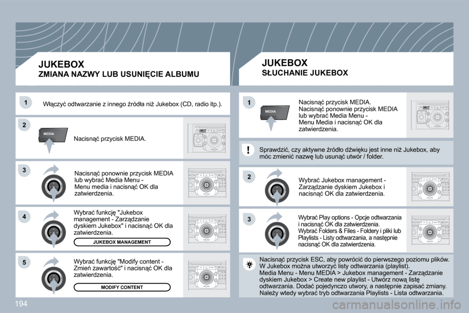 Peugeot 308 CC 2009.5  Instrukcja Obsługi (in Polish) 194
�3�3
�2�2
MEDIA
�3�3
�4�4
�5�5
�2�2
MEDIA�1�1�1� �N�a�c�i�s�n"�ć� �p�r�z�y�c�i�s�k� �M�E�D�I�A�.� � �N�a�c�i�s�n"�ć� �p�o�n�o�w�n�i�e� �p�r�z�y�c�i�s�k� �M�E�D�I�A� �l�u�b� �w�y�b�r�a�ć� �M�e