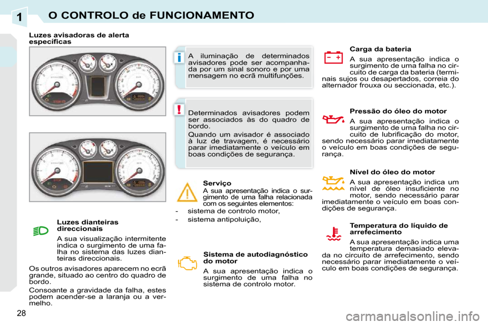Peugeot 308 CC 2009.5 Manual do proprietário (in Portuguese) 1
i
!
28
O CONTROLO de FUNCIONAMENTO
A iluminação de determinados
avisadores pode ser acompanha-
da por um sinal sonoro e por uma
mensagem no ecrã multifunções.
Luzes avisado Peugeot 308 CC 2009.5 Manual do proprietário (in Portuguese) 1
i
!
28
O CONTROLO de FUNCIONAMENTO
A iluminação de determinados
avisadores pode ser acompanha-
da por um sinal sonoro e por uma
mensagem no ecrã multifunções.
Luzes avisado