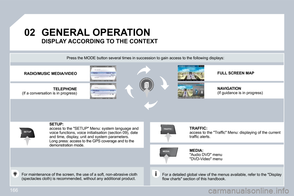 Peugeot 308 CC 2009  Owners Manual 166
�0�2
SETUP
MEDIA
TRAFFIC
       GENERAL OPERATION  
� �F�o�r� �a� �d�e�t�a�i�l�e�d� �g�l�o�b�a�l� �v�i�e�w� �o�f� �t�h�e� �m�e�n�u�s� �a�v�a�i�l�a�b�l�e�,� �r�e�f�e�r� �t�o� �t�h�e� �"�D�i�s�p�l�a