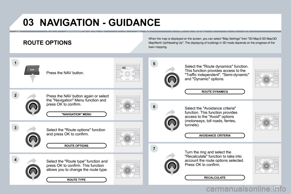 Peugeot 308 CC 2009  Owners Manual 171
NAV
�0�3
�5
�6
�7
�1
�2
3
�4
� �N�A�V�I�G�A�T�I�O�N� �-� �G�U�I�D�A�N�C�E� 
  ROUTE OPTIONS 
 Select the "Route dynamics" function.  This function provides access to the �"�T�r�a�f�ﬁ� �c� �i�n�d