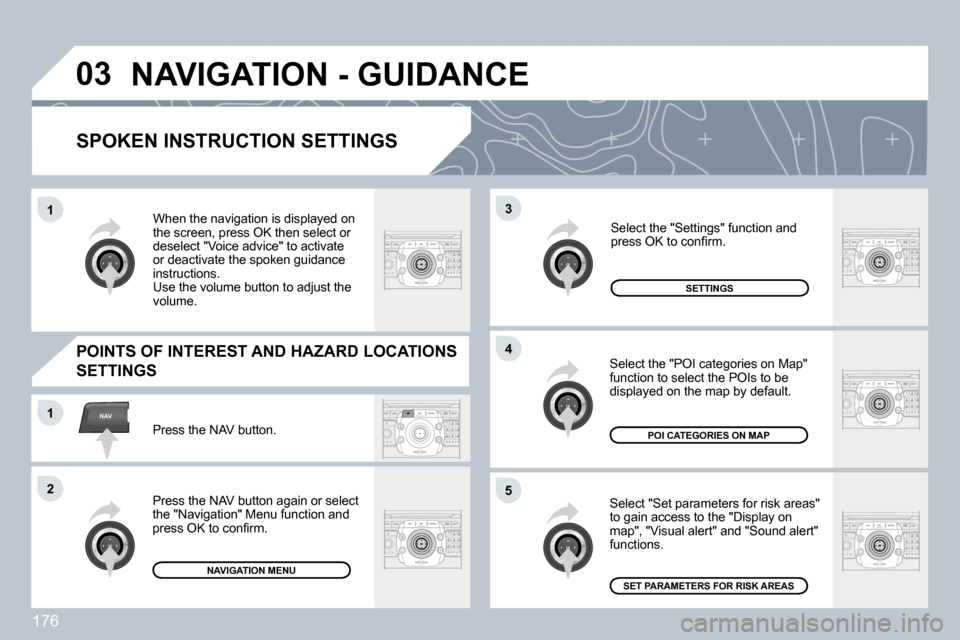 Peugeot 308 CC 2009  Owners Manual 176
�0�3
�5
3
�4
NAV�1
�2
�1
  SPOKEN INSTRUCTION SETTINGS 
 Select "Set parameters for risk areas" �t�o� �g�a�i�n� �a�c�c�e�s�s� �t�o� �t�h�e� �"�D�i�s�p�l�a�y� �o�n� map", "Visual alert" and "Sound 