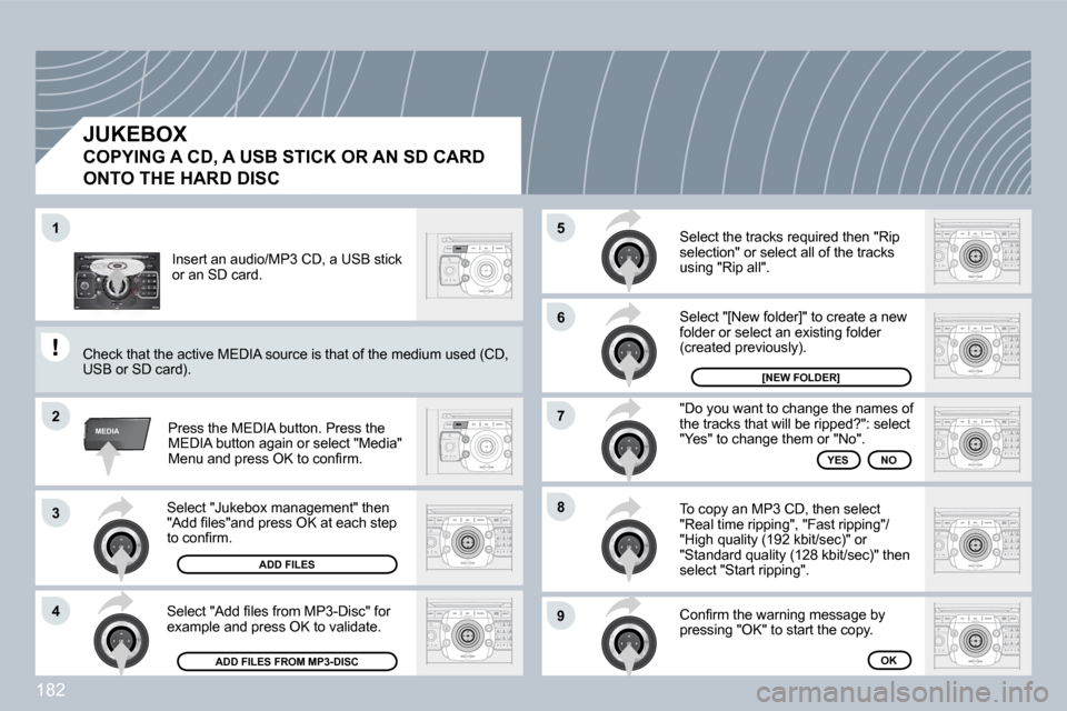 Peugeot 308 CC 2009  Owners Manual 182
2
ABC 3
DEF
5
JKL
4
GHI 6
MNO
8
TUV
7
PQRS 9
WXYZ
0
* #
1
RADIO MEDIA
NAV ESC TRAFFIC
SETUP
ADDR BOOK
�1
�2
3
�4
�5
�6
�7
�8
�9
MEDIA
� �S�e�l�e�c�t� �"�J�u�k�e�b�o�x� �m�a�n�a�g�e�m�e�n�t�"� �t�h