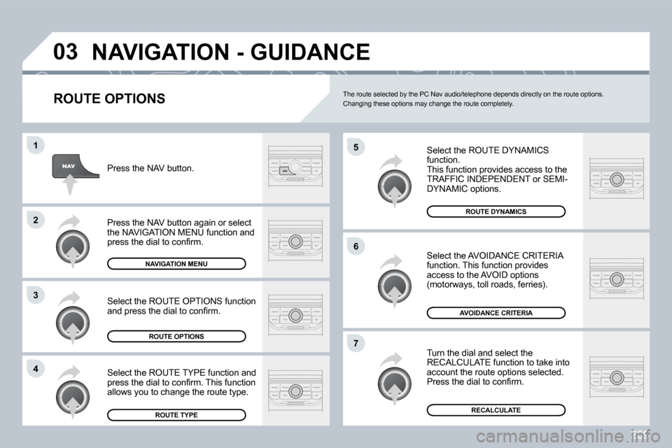 Peugeot 308 CC 2009  Owners Manual 209
�0�3
�5
�6
�7
�1
�2
�3
�4
� �N�A�V�I�G�A�T�I�O�N� �-� �G�U�I�D�A�N�C�E� 
  ROUTE OPTIONS 
� �S�e�l�e�c�t� �t�h�e� �R�O�U�T�E� �D�Y�N�A�M�I�C�S� function.  This function provides access to the �T�R