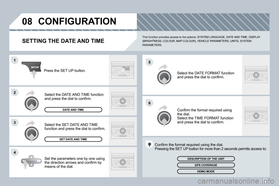 Peugeot 308 CC 2009  Owners Manual 221
�0�8
�5
�6
�1
�2
�3
�4
� � � � � � � � � � � �C�O�N�F�I�G�U�R�A�T�I�O�N� 
  SETTING THE DATE AND TIME 
� �T�h�i�s� �f�u�n�c�t�i�o�n� �p�r�o�v�i�d�e�s� �a�c�c�e�s�s� �t�o� �t�h�e� �o�p�t�i�o�n�s�:�