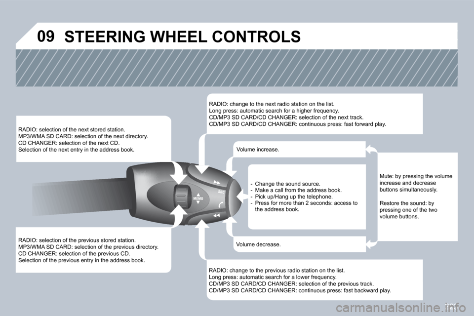 Peugeot 308 CC 2009  Owners Manual 223
�0�9
� �R�A�D�I�O�:� �s�e�l�e�c�t�i�o�n� �o�f� �t�h�e� �p�r�e�v�i�o�u�s� �s�t�o�r�e�d� �s�t�a�t�i�o�n�.� � �M�P�3�/�W�M�A� �S�D� �C�A�R�D�:� �s�e�l�e�c�t�i�o�n� �o�f� �t�h�e� �p�r�e�v�i�o�u�s� �d�
