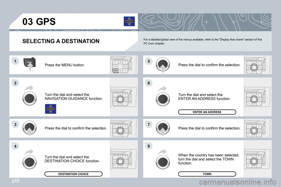 Peugeot 308 CC 2009  Owners Manual 248
MENU
ESC
MENU LIST
ESC
MENU LIST
ESC
MENU LIST
ESC
MENU LIST
ESC
MENU LIST
ESC
MENU LIST
ESC
MENU LIST
�0�3
�1�1
�2�2
�3�3
�4�4
�6�6
�8�8
�7�7
�5�5 Press the MENU button. 
 Turn the dial and selec