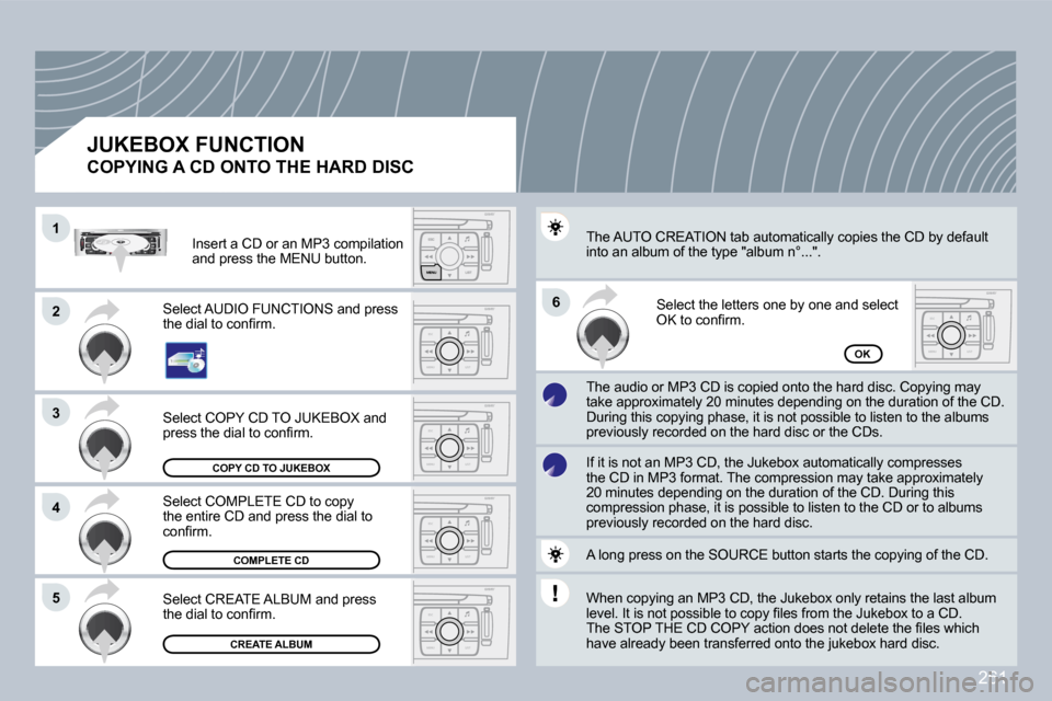 Peugeot 308 CC 2009  Owners Manual 261
ESC
MENU LIST
ESC
MENU LIST
ESC
MENU LIST
ESC
MENU LIST
ESC
MENU LIST
�1�1
�2�2
�3�3
�5�5
�6�6
�4�4
�C�O�P�Y� �C�D� �T�O� �J�U�K�E�B�O�X� 
�C�O�M�P�L�E�T�E� �C�D
�C�R�E�A�T�E� �A�L�B�U�M
OK
� �S�e