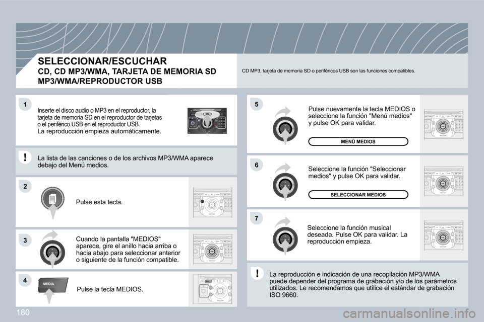 Peugeot 308 CC 2009  Manual del propietario (in Spanish) 180
2
ABC 3
DEF
5
JKL
4
GHI 6
MNO
8
TUV
7
PQRS 9
WXYZ
0
* #
1
RADIO MEDIA
NAV ESC TRAFFIC
SETUP
ADDR BOOK
�4
�5
�6
�2
�7
3
�1
MEDIA
  SELECCIONAR/ESCUCHAR  
CD, CD MP3/WMA, TARJETA DE MEMORIA SD 
MP3/