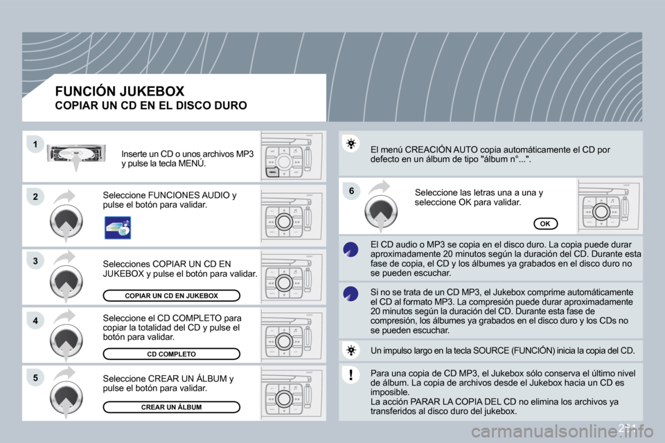 Peugeot 308 CC 2009  Manual del propietario (in Spanish) �2�6�1
ESC
MENU LIST
ESC
MENU LIST
ESC
MENU LIST
ESC
MENU LIST
ESC
MENU LIST
�1�1
�2�2
�3�3
�5�5
�6�6
�4�4
� �S�e�l�e�c�c�i�o�n�e� �C�R�E�A�R� �U�N� �Á�L�B�U�M� �y� �p�u�l�s�e� �e�l� �b�o�t�ó�n� �p�