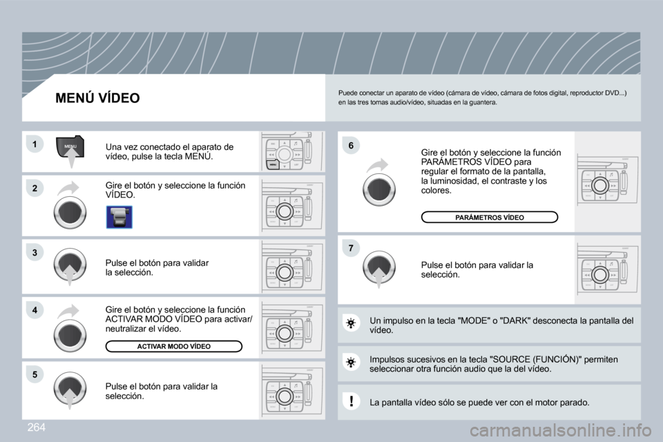 Peugeot 308 CC 2009  Manual del propietario (in Spanish) 264
ESC
MENU LIST
MENU
ESC
MENU LIST
ESC
MENU LIST
ESC
MENU LIST
ESC
MENU LIST
ESC
MENU LIST
�1�1
�2�2
�3�3
�4�4
�5�5
�7�7
�6�6
� �P�u�e�d�e� �c�o�n�e�c�t�a�r� �u�n� �a�p�a�r�a�t�o� �d�e� �v�í�d�e�o�