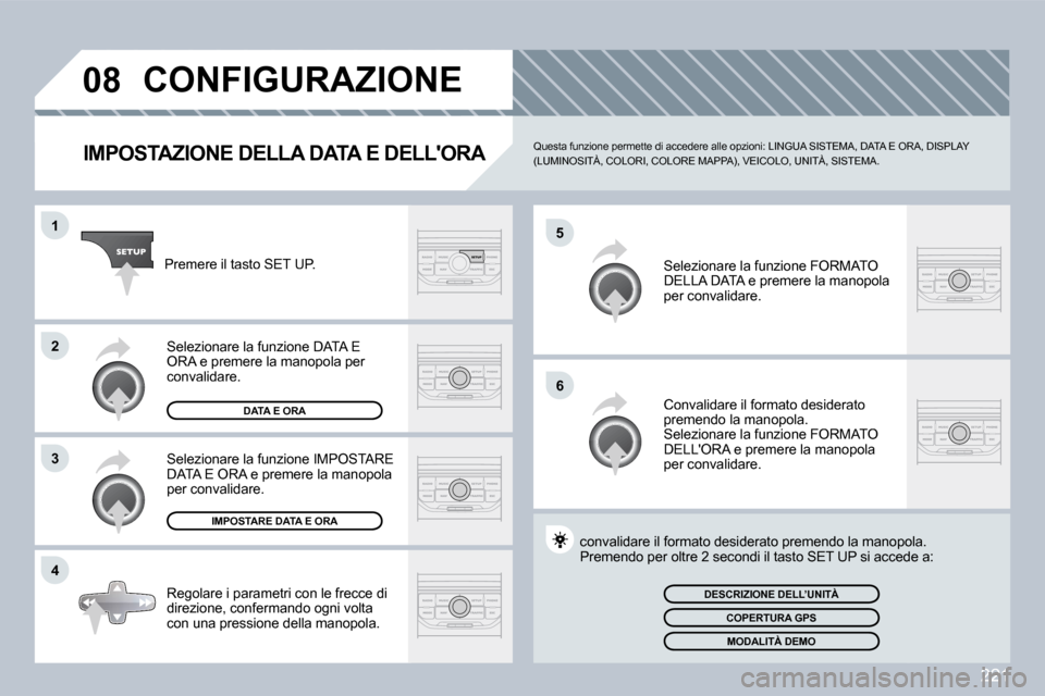 Peugeot 308 CC 2009  Manuale del proprietario (in Italian) 221
�0�8
�5
�6
�1
�2
�3
�4
           CONFIGURAZIONE 
  IMPOSTAZIONE DELLA DATA E DELLORA  Questa funzione permette di accedere alle opzioni: LINGUA SISTEMA, DATA E ORA, DISPLAY (LUMINOSITÀ, COLORI,