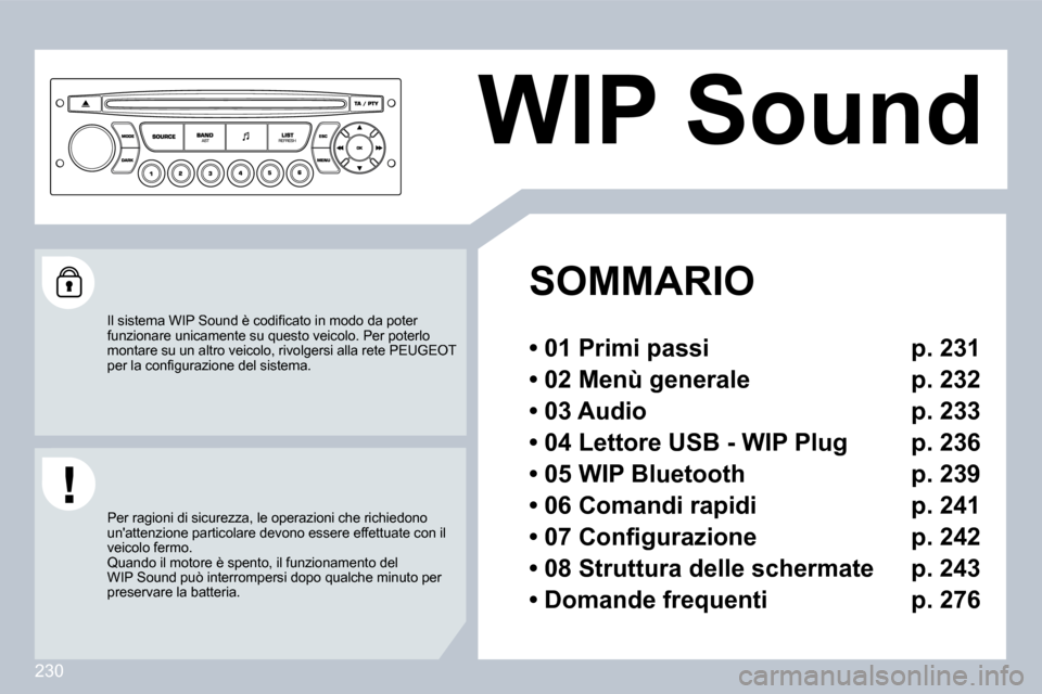Peugeot 308 CC 2009  Manuale del proprietario (in Italian) 230
     WIP Sound 
   SOMMARIO  
  