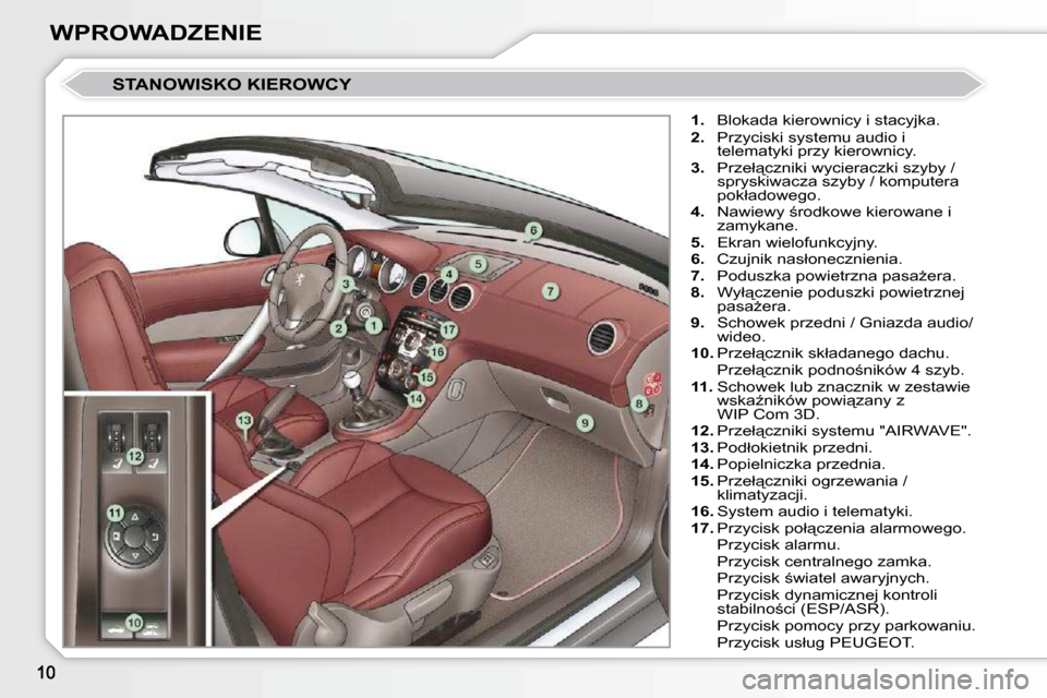 Peugeot 308 CC 2009  Instrukcja Obsługi (in Polish) WPROWADZENIE
� �S�T�A�N�O�W�I�S�K�O� �K�I�E�R�O�W�C�Y� 
   
1.  �  �B�l�o�k�a�d�a� �k�i�e�r�o�w�n�i�c�y� �i� �s�t�a�c�y�j�k�a�.� 
  
2.   �P�r�z�y�c�i�s�k�i� �s�y�s�t�e�m�u� �a�u�d�i�o� �i�  
�t�e�l�e