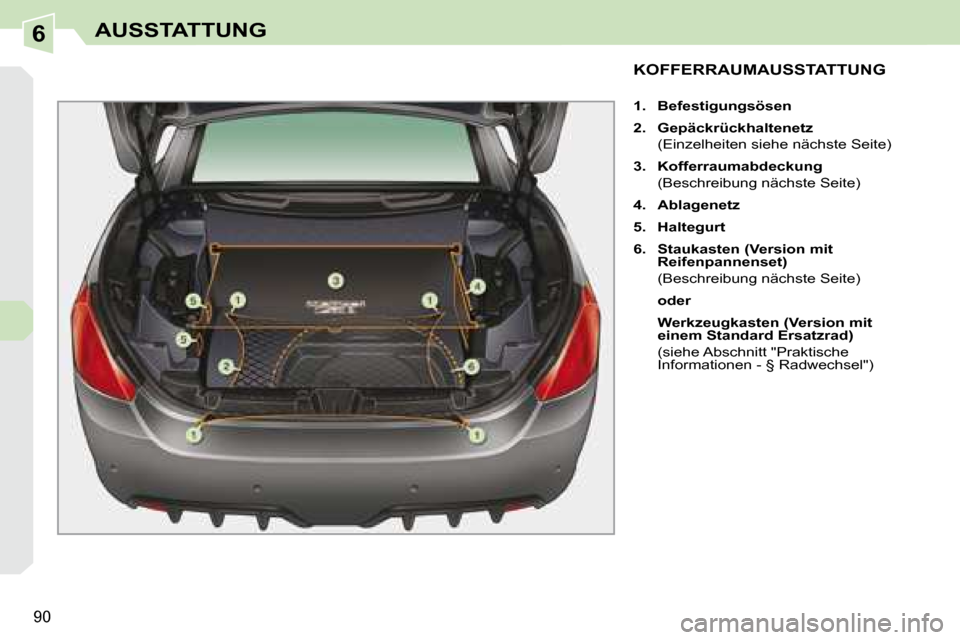 Peugeot 308 CC 2008.5  Betriebsanleitung (in German) 6
�9�0
AUSSTATTUNG
           KOFFERRAUMAUSSTATTUNG 
   
1.     Befestigungsösen   
  
2.     Gepäckrückhaltenetz     
�  �(�E�i�n�z�e�l�h�e�i�t�e�n� �s�i�e�h�e� �n�ä�c�h�s�t�e� �S�e�i�t�e�)�  
  