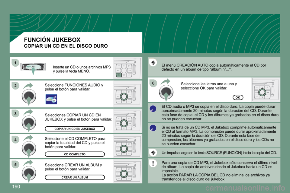 Peugeot 308 CC 2008.5  Manual del propietario (in Spanish) �1�9�0
ESC
MENU LIST
ESC
MENU LIST
ESC
MENU LIST
ESC
MENU LIST
ESC
MENU LIST
11
22
33
55
66
44
COPIAR UN CD EN JUKEBOX
CD COMPLETO
CREAR UN ÁLBUM
OK
� �S�e�l�e�c�c�i�o�n�e�s� �C�O�P�I�A�R� �U�N� �C�D
