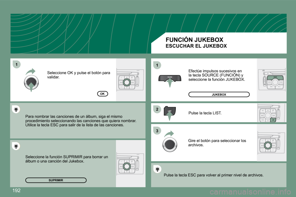 Peugeot 308 CC 2008.5  Manual del propietario (in Spanish) �1�9�2
ESC
MENU LIST
ESC
MENU LIST
ESC
MENU LIST
11
22
33
11
SUPRIMIR
OK
 Efectúe impulsos sucesivos en �l�a� �t�e�c�l�a� �S�O�U�R�C�E� �(�F�U�N�C�I�Ó�N�)� �y�  Efectúe impulsos sucesivos en sivos 