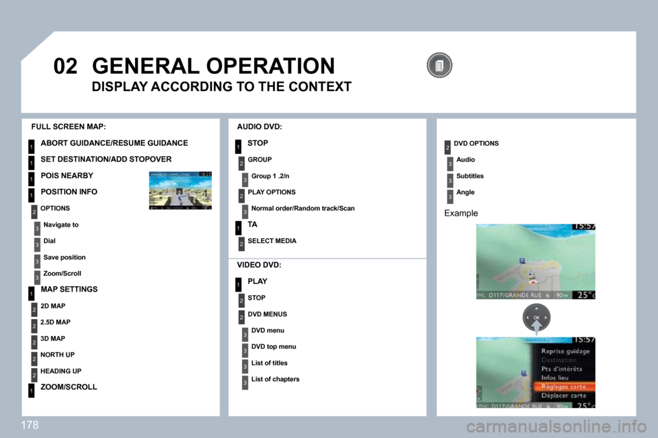 Peugeot 308 CC Dag 2009.5  Owners Manual 178
 
�0�2
1
1
1
1
1
2
1
2
2
2
2
2
1
3
3
3
31
2
2
3
3
3
3
2
3
2
3
1
2
2
3
3
3
 GENERAL OPERATION 
  DISPLAY ACCORDING TO THE CONTEXT 
  FULL SCREEN MAP: 
 ABORT GUIDANCE/RESUME GUIDANCE 
� �S�E�T� �D�