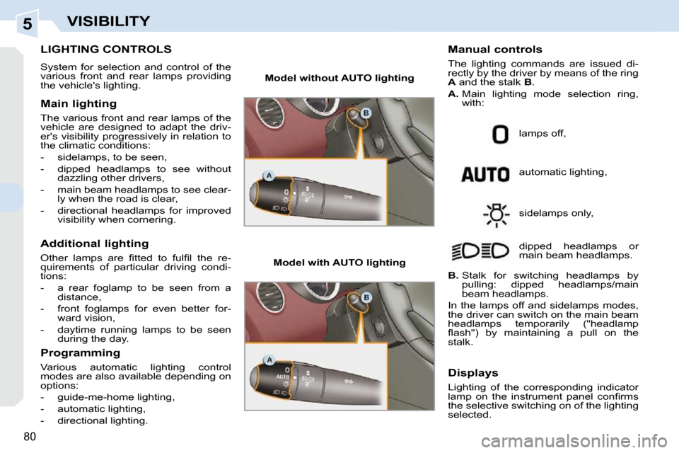 Peugeot 308 CC Dag 2009.5  Owners Manual 5
80
VISIBILITY
           LIGHTING CONTROLS 
 System  for  selection  and  control  of  the  
various  front  and  rear  lamps  providing 
the vehicles lighting.  
  Main lighting  
 The various fro