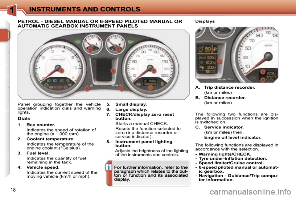 Peugeot 308 Dag 2007.5  Owners Manual �i
�1�8
�P�E�T�R�O�L� �-� �D�I�E�S�E�L� �M�A�N�U�A�L� �O�R� �6�-�S�P�E�E�D� �P�I�L�O�T�E�D� �M�A�N�U�A�L� �O�R�  
�A�U�T�O�M�A�T�I�C� �G�E�A�R�B�O�X� �I�N�S�T�R�U�M�E�N�T� �P�A�N�E�L�S
�P�a�n�e�l�  �g