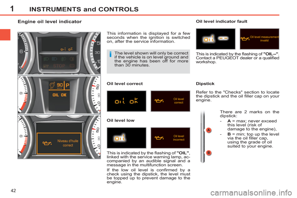 Peugeot 308 SW BL 2013  Owners Manual 1
42
INSTRUMENTS and CONTROLS
  The level shown will only be correct 
if the vehicle is on level ground and 
the engine has been off for more 
than 30 minutes. 
   
 
 
 
 
 
 
 
 
 
 
 
 
 
 
Engine 