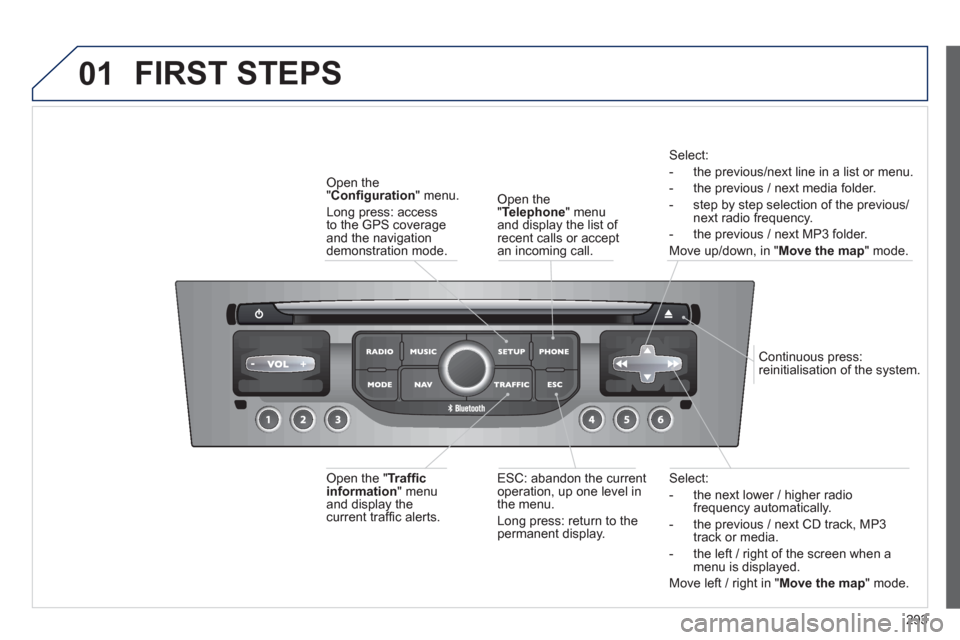 Peugeot 308 SW BL 2013  Owners Manual - RHD (UK. Australia) 293
01
Select:
-   the next lower / hi
gher radiofrequency automatically.
-  the previous 
/ next CD track, MP3
track or media. 
-  the le
ft / right of the screen when a menu is displayed.
Move left 