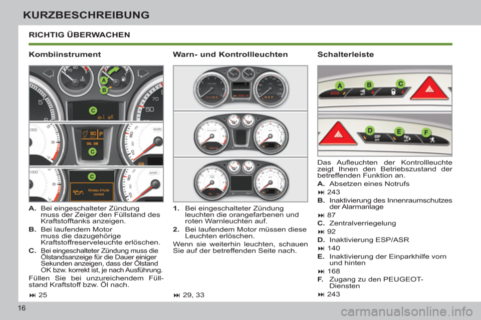 Peugeot 308 SW BL 2013 Betriebsanleitung (in German) 16
KURZBESCHREIBUNG
RICHTIG ÜBERWACHEN
Kombiinstrument
Schalterleiste
A.
Bei eingeschalteter Zündung
muss der Zeiger den Füllstand des
Kraftstofftanks anzeigen.
B.
Bei Peugeot 308 SW BL 2013 Betriebsanleitung (in German) 16
KURZBESCHREIBUNG
RICHTIG ÜBERWACHEN
Kombiinstrument
Schalterleiste
A.
Bei eingeschalteter Zündung
muss der Zeiger den Füllstand des
Kraftstofftanks anzeigen.
B.
Bei