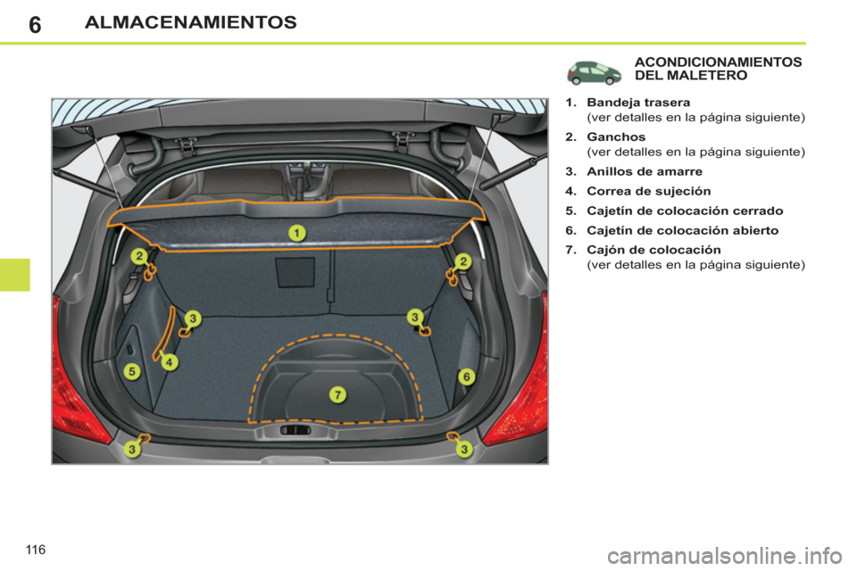 Peugeot 308 SW BL 2013  Manual del propietario (in Spanish) 6
116
ALMACENAMIENTOS
ACONDICIONAMIENTOS DEL MALETERO 
   
 
 
1. 
  Bandeja trasera 
 
 
  (ver detalles en la página siguiente) 
   
2. 
  Ganchos 
 
 
  (ver detalles en la página siguiente) 
   