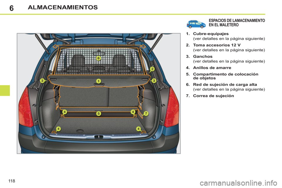 Peugeot 308 SW BL 2013  Manual del propietario (in Spanish) 6
118
ALMACENAMIENTOS
ESPACIOS DE LAMACENAMIENTO EN EL MALETERO
   
 
1. 
  Cubre-equipajes 
 
 
  (ver detalles en la página siguiente) 
   
2. 
  Toma accesorios 12 V 
 
 
  (ver detalles en la pá
