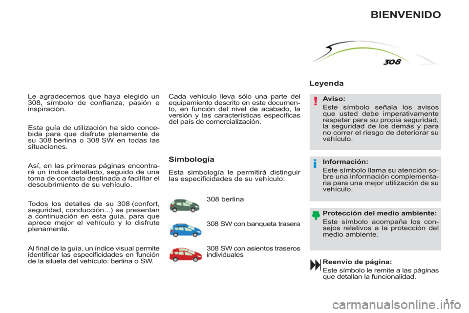 Peugeot 308 SW BL 2013 Manual del propietario (in Spanish) !
i
1
Le agradecemos que haya elegido un
308, símbolo de confi anza, pasión e
inspiración.
Reenvío de página:
Este símbolo le remite a las páginas
que detallan la funcionalidad. Peugeot 308 SW BL 2013 Manual del propietario (in Spanish) !
i
1
Le agradecemos que haya elegido un
308, símbolo de confi anza, pasión e
inspiración.
Reenvío de página:
Este símbolo le remite a las páginas
que detallan la funcionalidad.