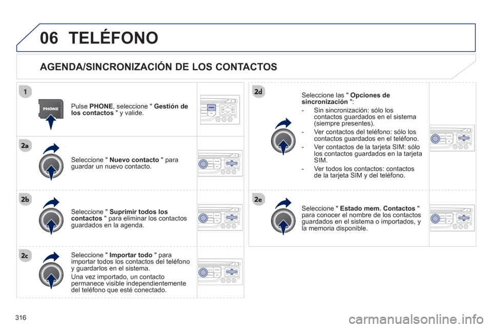 Peugeot 308 SW BL 2013  Manual del propietario (in Spanish) 316
06TELÉFONO
   
AGENDA/SINCRONIZACIÓN DE LOS CONTACTOS 
 
 
Pulse  PHONE, seleccione " Gestión de 
los contactos 
 " y valide.
   
Seleccione " Nuevo contacto" paraguardar un nuevo contacto.  
 