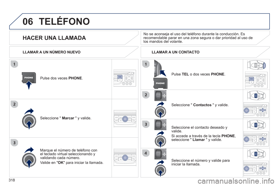 Peugeot 308 SW BL 2013  Manual del propietario (in Spanish) 318
06TELÉFONO
Pulse dos veces PHONE .
Seleccione "  Marcar 
 " y valide.r
Seleccione "  Contactos" y valide. 
Mar
que el número de teléfono conel teclado virtual seleccionando yvalidando cada núm