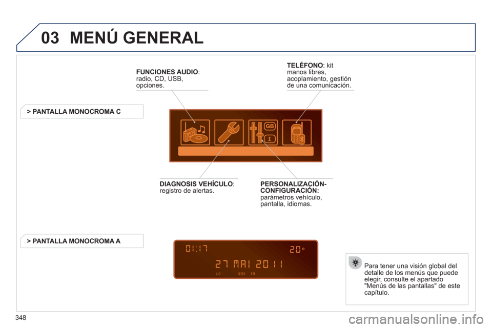 Peugeot 308 SW BL 2013  Manual del propietario (in Spanish) 348
03  MENÚ GENERAL
FUNCIONES AUDIO : radio, CD, USB,
opciones.
   
 
 
 
 
 
 
 
> PANTALLA MONOCROMA C
Para tener una visión 
global del
detalle de los menús que puede 
elegir, consulte el apart