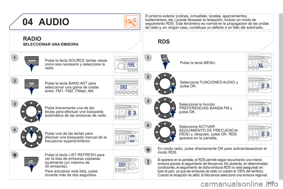 Peugeot 308 SW BL 2013  Manual del propietario (in Spanish) 349
04  AUDIO 
 
Pulse la tecla SOURCE tantas vecescomo sea necesario y seleccione laradio.  
   
Pulse la tecla BAND A
ST paraseleccionar una gama de ondasentre: FM1, FM2, FMast, AM.  
   
Pulse brev