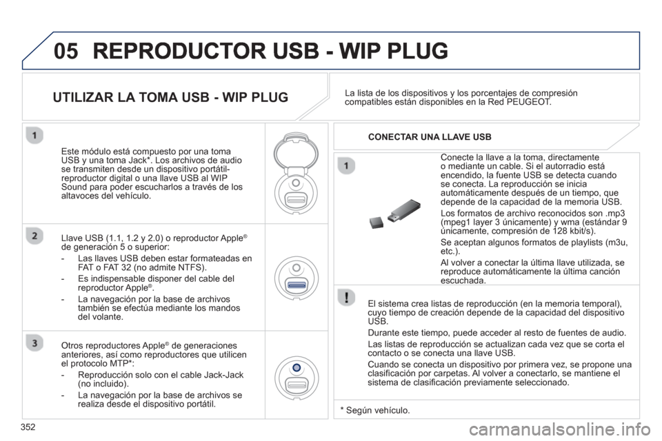 Peugeot 308 SW BL 2013  Manual del propietario (in Spanish) 352
05
   
El sistema crea listas de reproducción (en la memoria temporal),cuyo tiempo de creación depende de la capacidad del dispositivoUSB.
  Durante este tiempo, puede acceder al resto de fuente