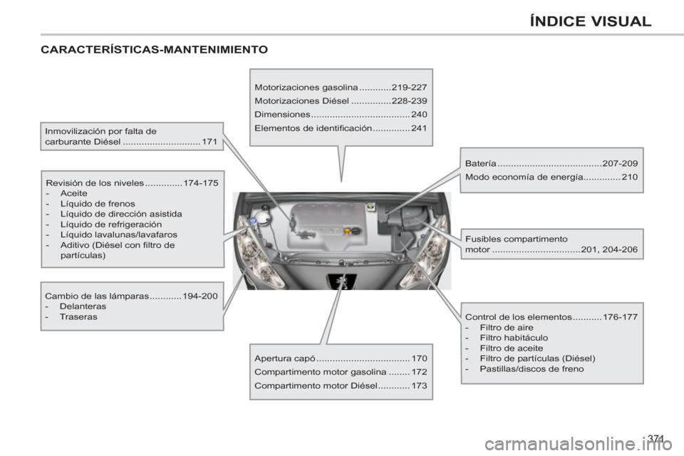 Peugeot 308 SW BL 2013  Manual del propietario (in Spanish) 371
ÍNDICE VISUAL
  CARACTERÍSTICAS-MANTENIMIENTO
 
 
Inmovilización por falta de 
carburante Diésel ............................. 171  
   
Revisión de los niveles ..............174-175 
   
 
-