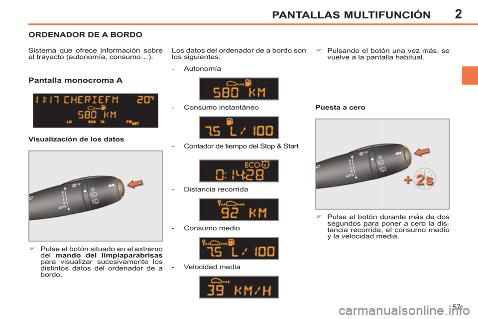 Peugeot 308 SW BL 2013  Manual del propietario (in Spanish) 2
57
PANTALLAS MULTIFUNCIÓN
   
 
 
 
 
 
Pantalla monocroma A 
 
 
 
�) 
  Pulse el botón situado en el extremo 
del  mando del limpiaparabrisas 
 
para visualizar sucesivamente los 
distintos dato