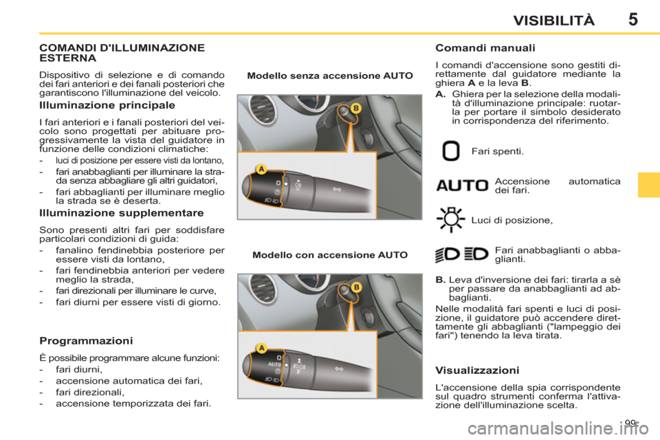 Peugeot 308 SW BL 2013 Manuale del proprietario (in Italian) 5
99
VISIBILITÀ
COMANDI DILLUMINAZIONEESTERNA
Dispositivo di selezione e di comando
dei fari anteriori e dei fanali posteriori che
garantiscono lilluminazione del veicolo.
Illuminazione p Peugeot 308 SW BL 2013 Manuale del proprietario (in Italian) 5
99
VISIBILITÀ
COMANDI DILLUMINAZIONEESTERNA
Dispositivo di selezione e di comando
dei fari anteriori e dei fanali posteriori che
garantiscono lilluminazione del veicolo.
Illuminazione p