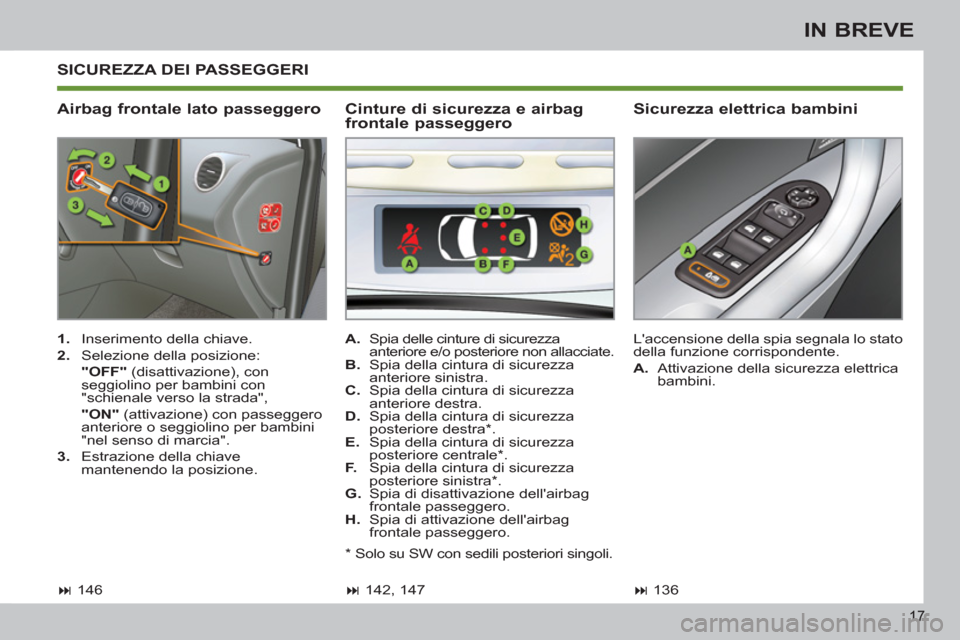 Peugeot 308 SW BL 2013 Manuale del proprietario (in Italian) 17
IN BREVE
SICUREZZA DEI PASSEGGERI
Airbag frontale lato passeggero
Sicurezza elettrica bambini
1.
Inserimento della chiave.
2.
Selezione della posizione:
"OFF"
(dis Peugeot 308 SW BL 2013 Manuale del proprietario (in Italian) 17
IN BREVE
SICUREZZA DEI PASSEGGERI
Airbag frontale lato passeggero
Sicurezza elettrica bambini
1.
Inserimento della chiave.
2.
Selezione della posizione:
"OFF"
(dis