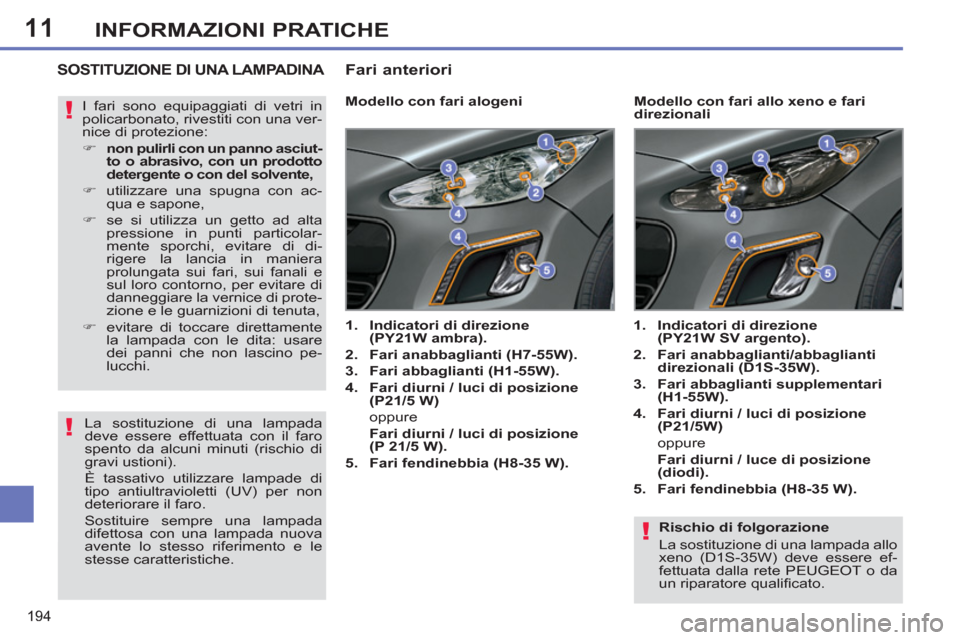 Peugeot 308 SW BL 2013 Manuale del proprietario (in Italian) 11
194
INFORMAZIONI PRATICHE
Rischio di folgorazione
La sostituzione di una lampada allo
xeno (D1S-35W) deve essere ef-
fettuata dalla rete PEUGEOT o da
un riparatore qualifi cato.
SOSTI Peugeot 308 SW BL 2013 Manuale del proprietario (in Italian) 11
194
INFORMAZIONI PRATICHE
Rischio di folgorazione
La sostituzione di una lampada allo
xeno (D1S-35W) deve essere ef-
fettuata dalla rete PEUGEOT o da
un riparatore qualifi cato.
SOSTI