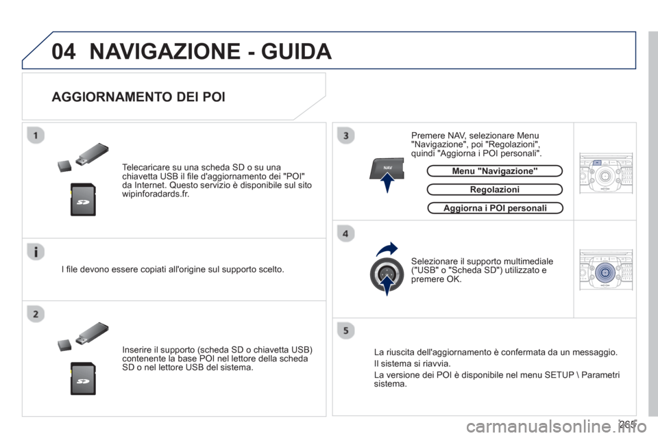Peugeot 308 SW BL 2013  Manuale del proprietario (in Italian) 265
04
NAV2ABC3DEF5JKL4GHI6MNO8TUV7PQRS9WXYZ0*#
1RADIO MEDIANAV ESC TRAFFIC
SETUPADDR
BOOK
2ABC3DEF5JKL4GHI6MNO8TUV7PQRS9WXYZ0*#
1RADIO MEDIANAV ESC TRAFFIC
SETUPADDR
BOOK
  NAVIGAZIONE - GUIDA 
 
 
T