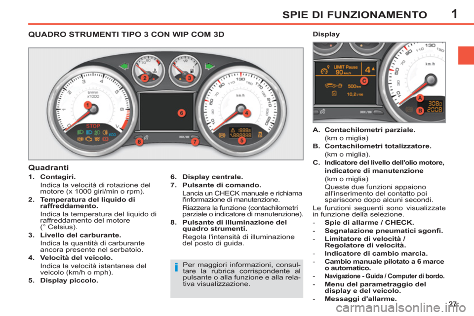 Peugeot 308 SW BL 2013 Manuale del proprietario (in Italian) 1SPIE DI FUNZIONAMENTO
QUADRO STRUMENTI TIPO 3 CON WIP COM 3D
1.
Contagiri.
Indica la velocità di rotazione del
motore (x 1000 giri/min o rpm).
2.
T Peugeot 308 SW BL 2013 Manuale del proprietario (in Italian) 1SPIE DI FUNZIONAMENTO
QUADRO STRUMENTI TIPO 3 CON WIP COM 3D
1.
Contagiri.
Indica la velocità di rotazione del
motore (x 1000 giri/min o rpm).
2.
T