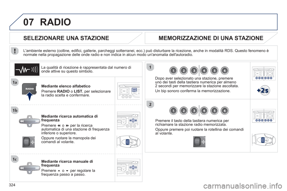 Peugeot 308 SW BL 2013  Manuale del proprietario (in Italian) 324
07RADIO 
Mediante elenco alfabetico
Pr
emere RADIO 
 o LIST 
, per selezionare la radio scelta e confermare.  
Mediante ricerca automatica di 
fre
quenza
Premere �   o � 
 per la ricerca automat