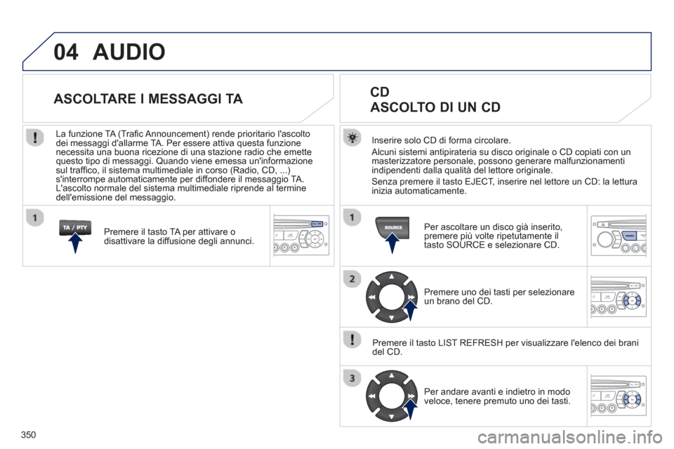 Peugeot 308 SW BL 2013 Manuale del proprietario (in Italian) 350
04 AUDIO
Inserire solo CD di forma circolare.
Alcuni sistemi antipirateria su disco ori
ginale o CD copiati con un
masterizzatore personale, possono generare malfunzionamenti
indipendenti d Peugeot 308 SW BL 2013 Manuale del proprietario (in Italian) 350
04 AUDIO
Inserire solo CD di forma circolare.
Alcuni sistemi antipirateria su disco ori
ginale o CD copiati con un
masterizzatore personale, possono generare malfunzionamenti
indipendenti d